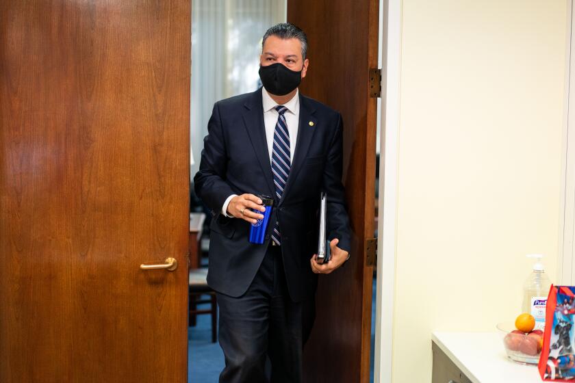 WASHINGTON, DC - MARCH 03: Sen. Alex Padilla (D-CA) walks out of his office.