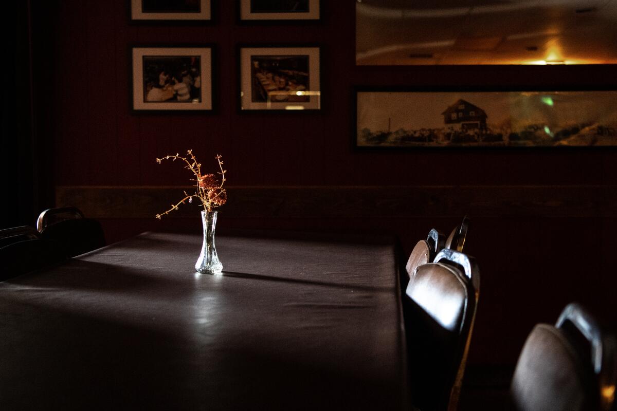 The communal tables are empty at Centro Basco, an historic Basque restaurant in Chino.