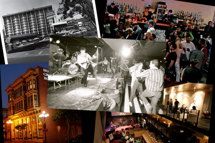 Composite photo of closed SD venues — 4th & B, The Bacchanal, Elario’s jazz club — which occupied the top floor of La Jolla’s Summer House Inn, Horton Grand Hotel’s Palace Bar and Anthology.