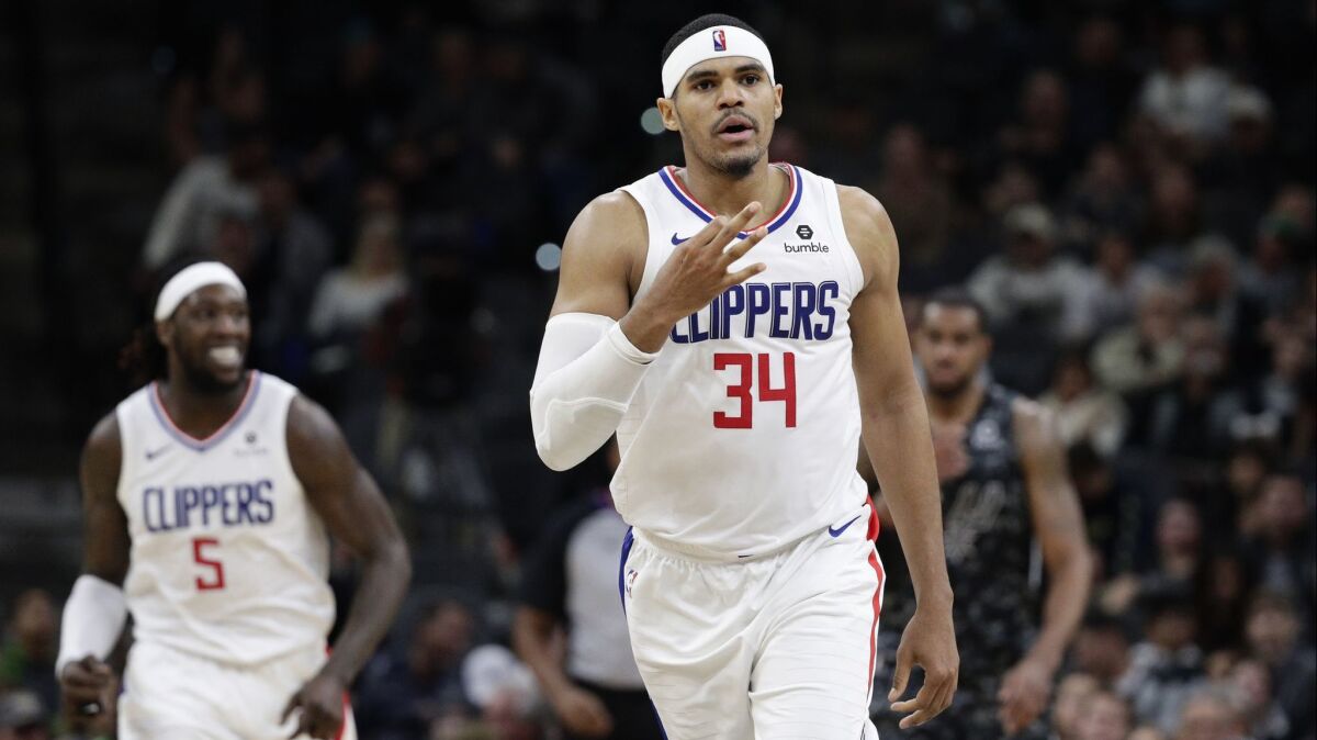Clippers forward Tobias Harris (34) signals after scoring against the San Antonio Spurs during the second half on Sunday in San Antonio.