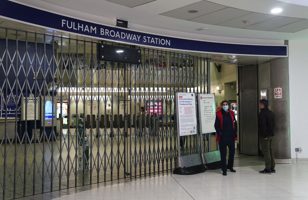 Fulham Broadway underground station in London, Thursday March 3, 2022, during a strike by members of the Rail, Maritime and Transport union (RMT) for 24 hours in a deadlocked dispute over jobs, pensions and conditions. (John Walton/PA via AP)