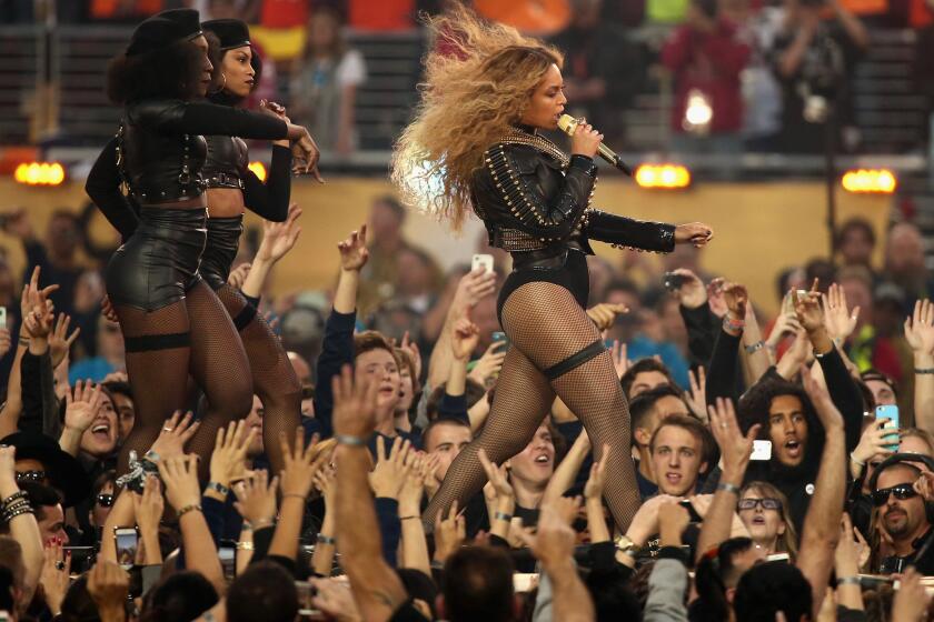 Beyoncé performing during the Super Bowl halftime show on Sunday.