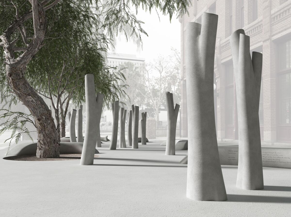 An architectural rendering shows ghostly trees cast out of concrete amid real ones on a city street.