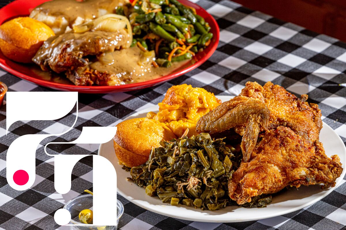 #75: Smothered pork chops with green beans, mashed potatoes, and fried chicken with collard greens, mac and cheese, and corn bread from Dulan's Soul Food Kitchen