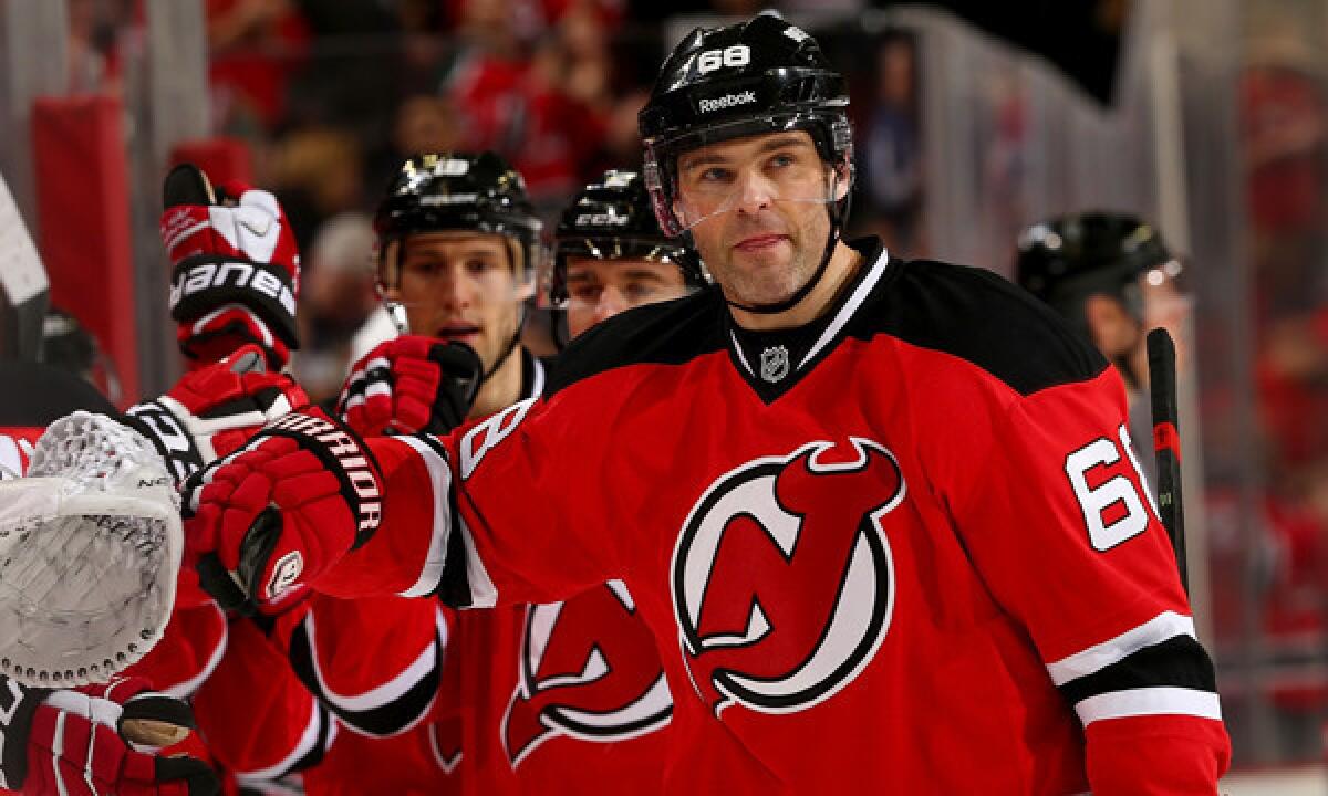 New Jersey Devils forward Jaromir Jagr celebrates after scoring a goal against the Columbus Blue Jackets on Thursday. Jagr scored his 700th career goal Saturday in a 6-1 win over the New York Islanders.