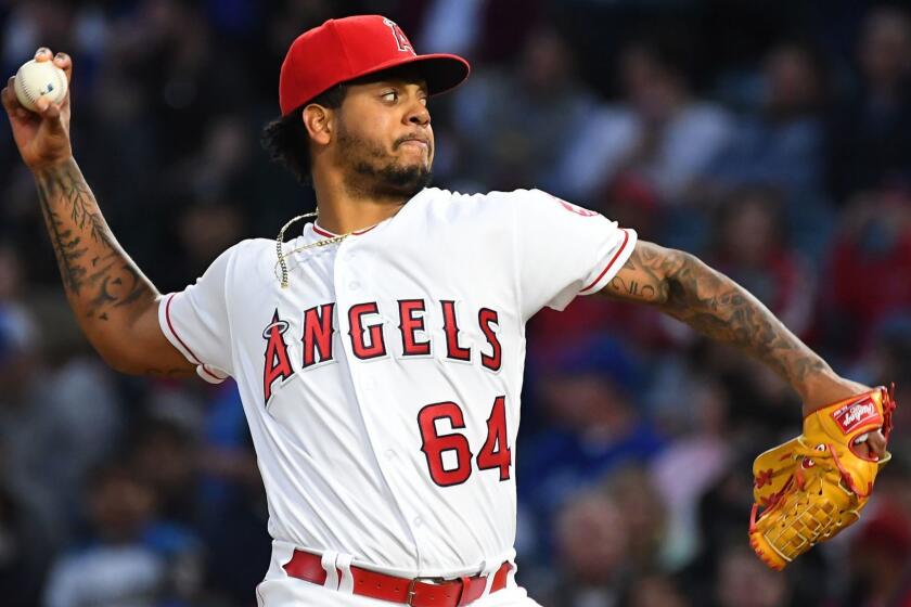 ANAHEIM, CA - MAY 01: Felix Pena #64 of the Los Angeles Angels of Anaheim pitches in the second inning of the game against the Toronto Blue Jays at Angel Stadium of Anaheim on May 1, 2019 in Anaheim, California. (Photo by Jayne Kamin-Oncea/Getty Images) ** OUTS - ELSENT, FPG, CM - OUTS * NM, PH, VA if sourced by CT, LA or MoD **