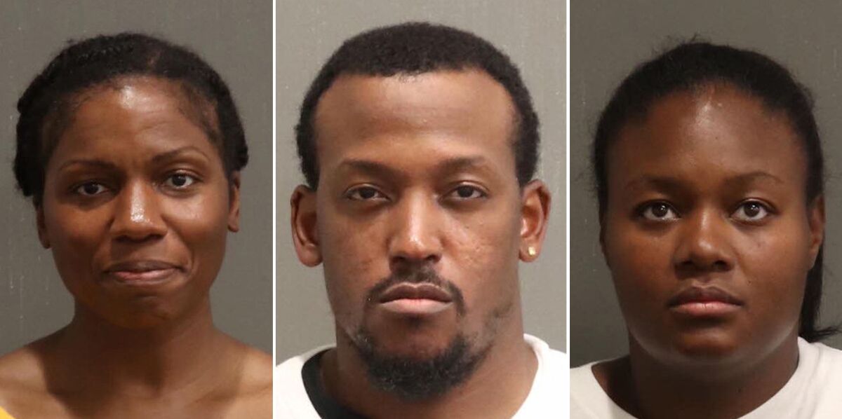 This combo of photos provided by the Metropolitan Nashville Police Department shows, from left, Edmee Chavannes, Rickey Williams and Bevelyn Williams, anti-abortion activists, are accused of posing as patients and entering a carafem reproductive health clinic in Mt. Juliet, Tenn. (Metropolitan Nashville Police Department via AP)