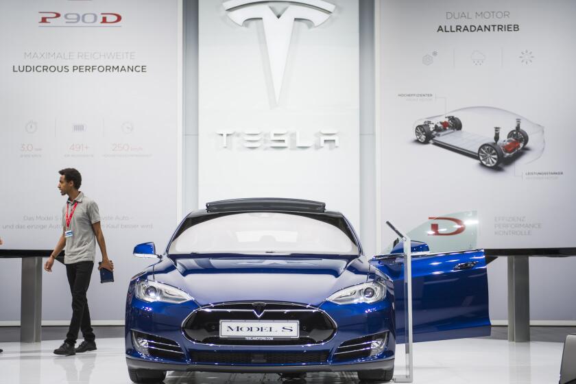 The Model S of US electric cars manufacturer Tesla Motors is seen during a press day of the 66th IAA auto show in Frankfurt am Main, western Germany, on Sept. 16.