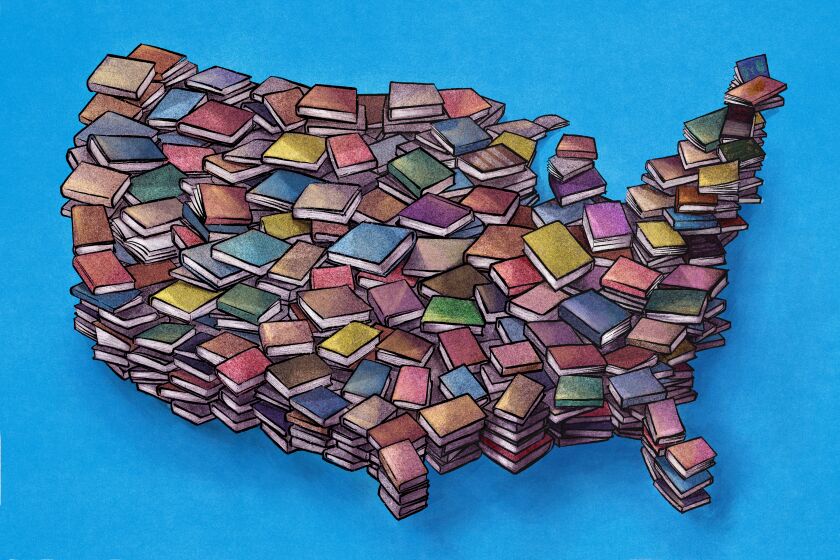 Illustration of a pile of 1001 books in the shape of the united states map.