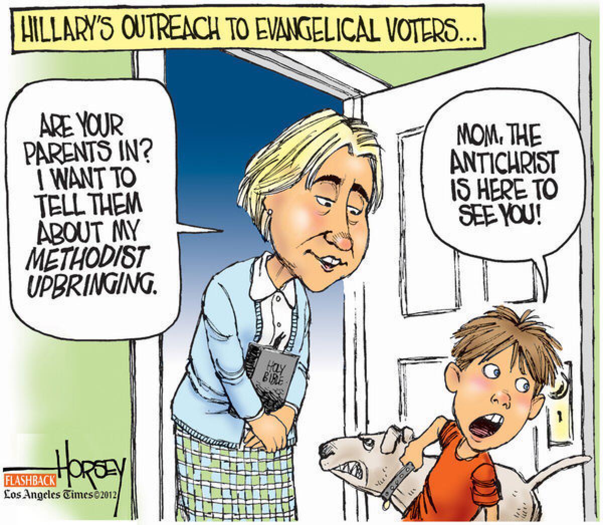 In 2008, Hillary Clinton made an appeal to evangelical Christian voters, but, as this Horsey cartoon from that campaign shows, Clinton's effort found little success.