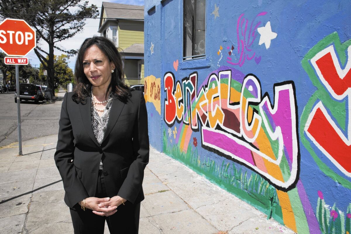 California Atty. Gen. Kamala Harris visits Berkeley, where she grew up. Harris is a top contender for the U.S. Senate seat held by Barbara Boxer, who is retiring.