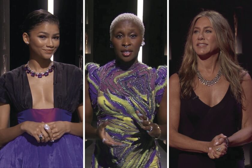 Zendaya, from left, Cynthia Erivo and Jennifer Aniston in a composite of screen grabs from the telecast of the 72nd Emmy Awards on ABC.