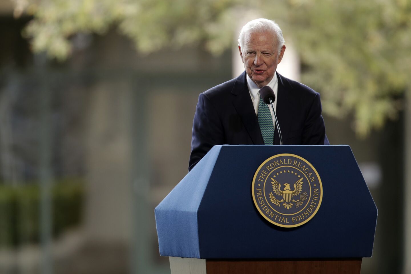 Former Secretary of State James Baker speaks at the funeral of former First Lady Nancy Reagan at the Ronald Reagan Presidential Library in Simi Valley.