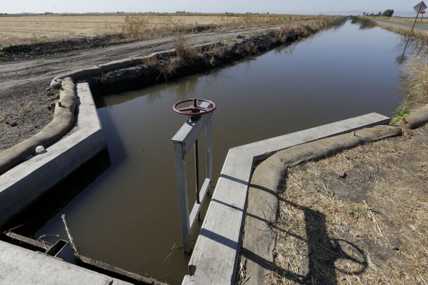 Water flows down a canal near Byron, Calif. The California State Water Resources Control Board said it's proposing a fine of $1.5 million against the Byron-Bethany Irrigation District.