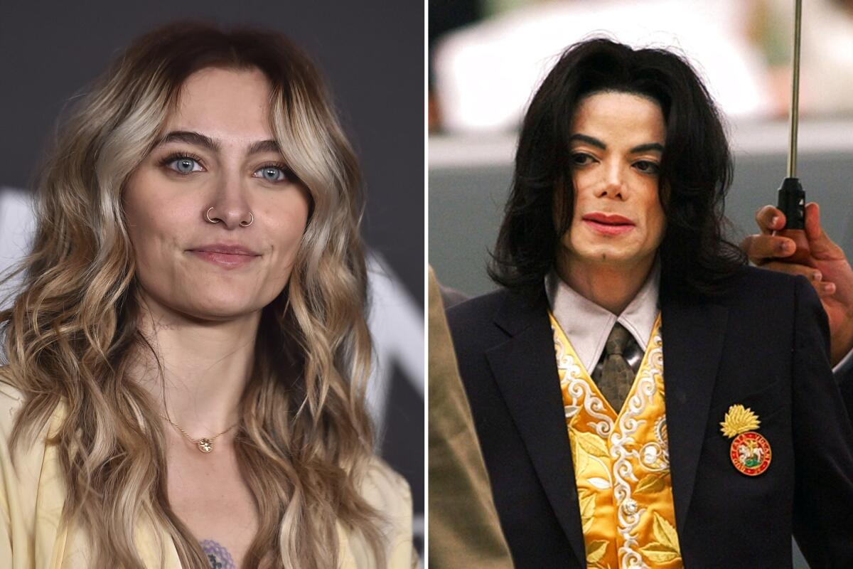 A woman with long, wavy blond hair in a yellow suit jacket smiling. Michael Jackson in a black jacket and a gold vest