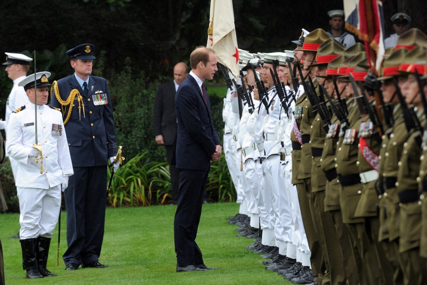 Prince William reviews an honor guard at the official welcome at Government House in Wellington, New Zealand.