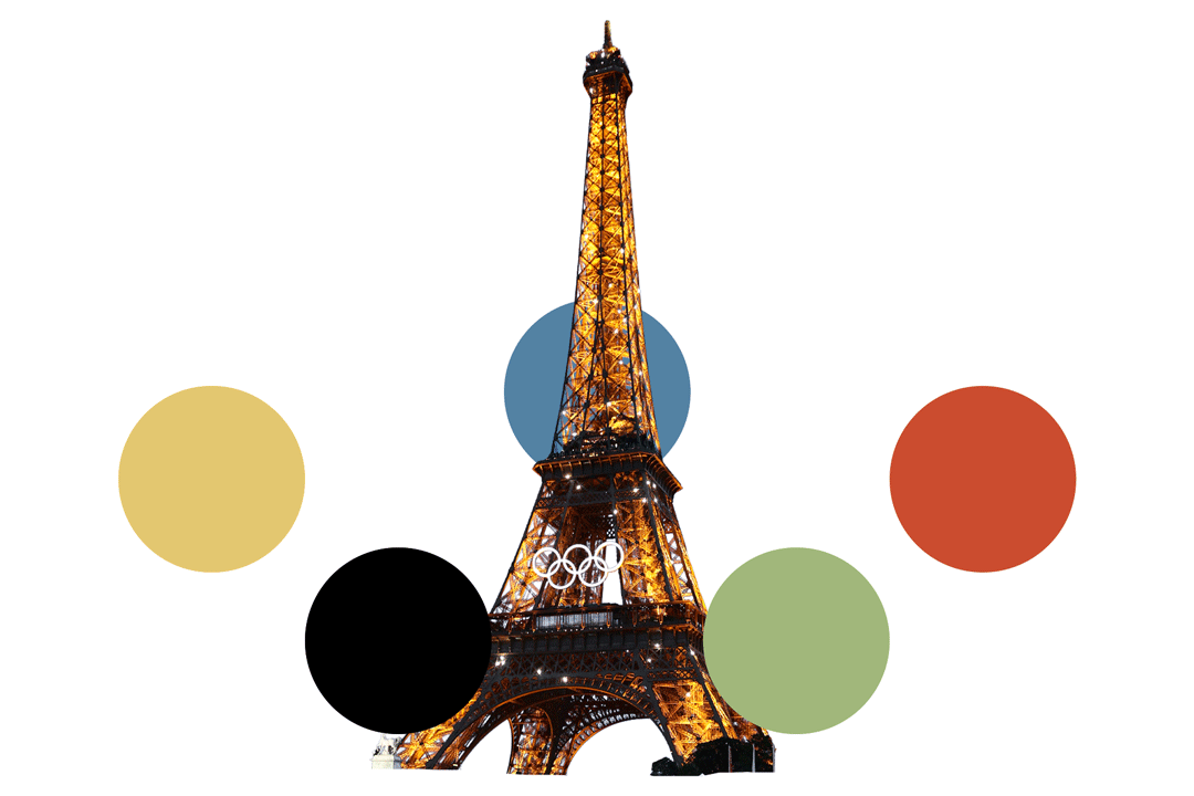 The Eiffel Tower with circles in Olympics colors rotating around it