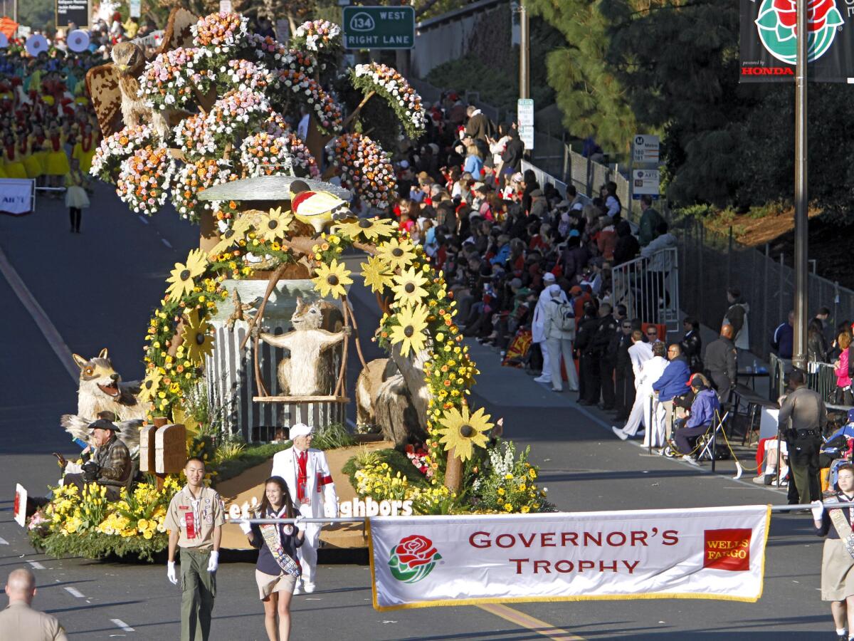 The Glendale float "Let's be neighbors" featuring Meatball the bear, won the Governor's Award for best depiction of life in California at the Rose Parade in Pasadena on Wednesday, January 1, 2014.