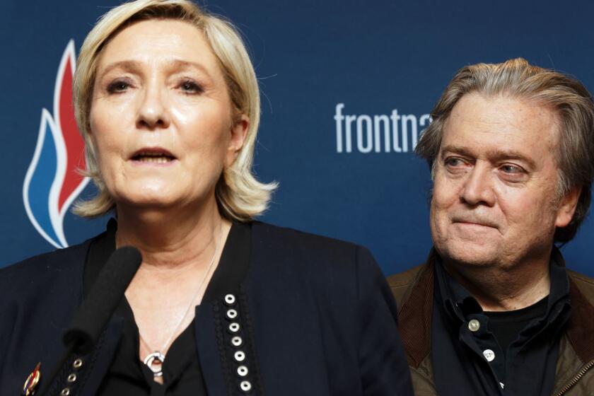 LILLE, FRANCE - MARCH 10: France's far-right party Front National (FN) president Marine Le Pen and former U.S. President Donald Trump advisor Steve Bannon give a joint press conference during the French far-right Front National (FN) party annual congress on March 10, 2018 at the Grand Palais in Lille, north of France. Le Pen will attempt to revive her battered party this weekend at a conference with a proposal to ditch the tainted National Front brand, seen as a key hurdle to winning power. (Photo by Sylvain Lefevre/Getty Images) ***BESTPIX*** ** OUTS - ELSENT, FPG, CM - OUTS * NM, PH, VA if sourced by CT, LA or MoD **