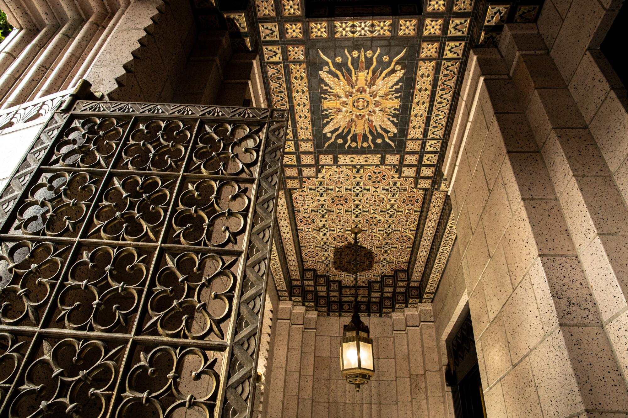The ornate ceiling of the Trust Building on Spring Street.
