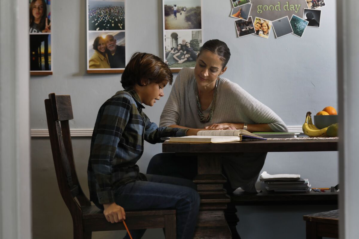 A woman sits at a dining room table alongside a child with open books in front of him.