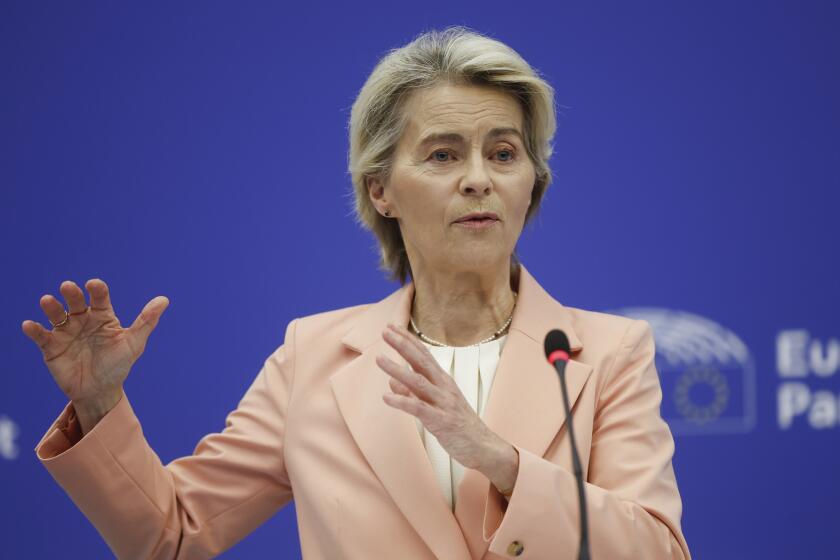 European Commission President Ursula von der Leyen presents her new team for her next five-year tenure at the head of the bloc, during a press conference at the European Parliament, Tuesday, Sept. 17, 2024, in Strasbourg. (AP Photo/Jean-Francois Badias)