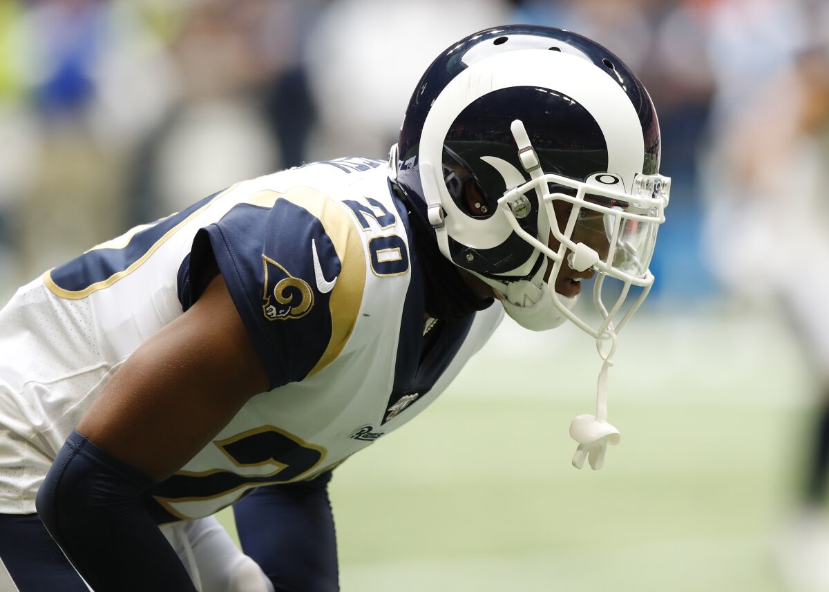 Rams cornerback Jalen Ramsey lines up during the second half of a game against the Falcons on Oct. 20 at Mercedes-Benz Stadium.