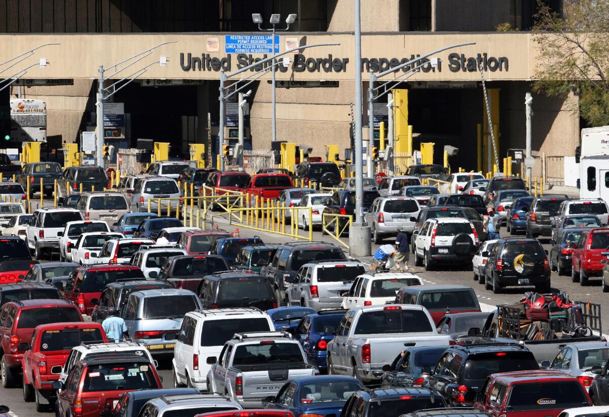 Traffic headed into the U.S. backs up at the San Ysidro Port of Entry in Tijuana, Mexico.