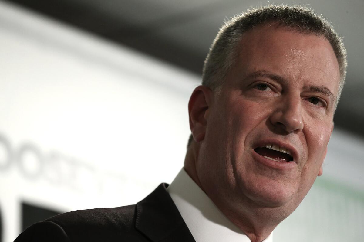 New York City Mayor Bill de Blasio speaks about the release of a new report written by Nobel economics laureate Joseph Stiglitz published by the Roosevelt Institute in Washington, DC.