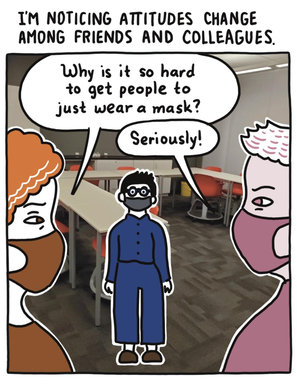 Illustration of two people in masks talking, observed by someone else masked 