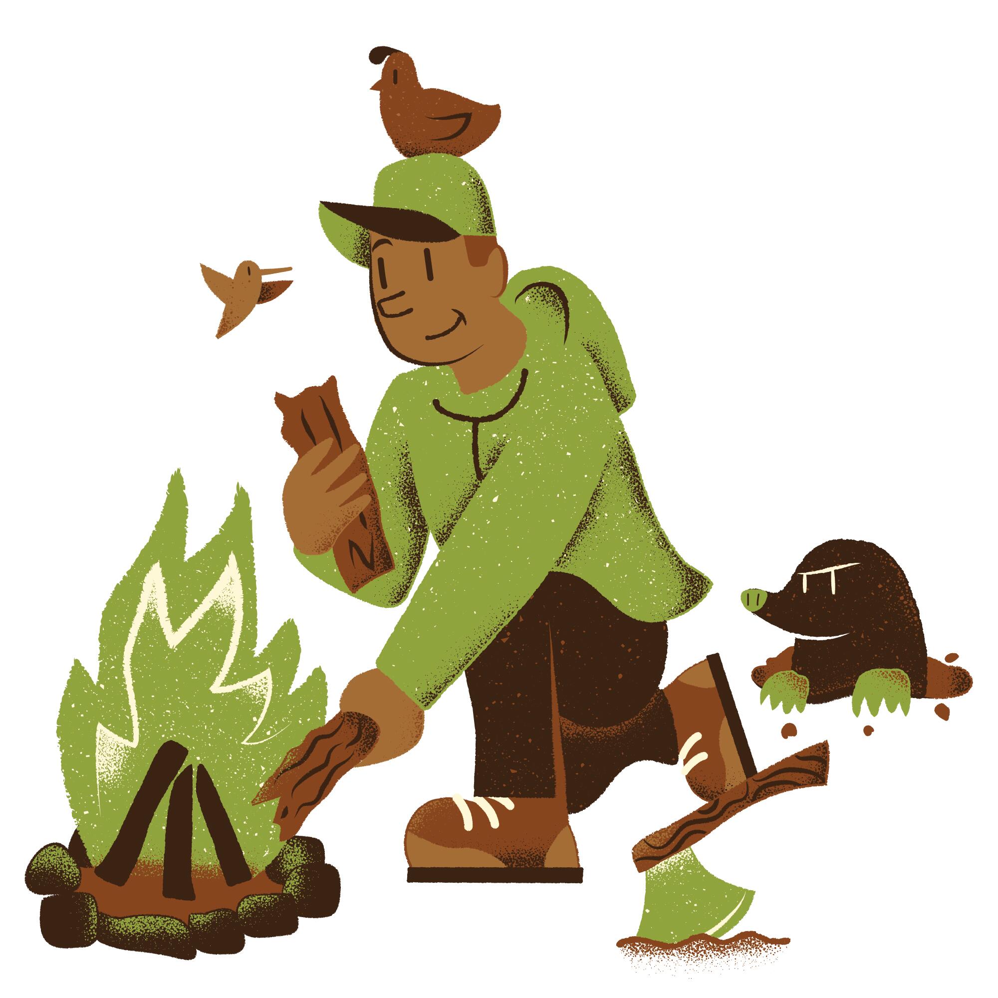 Illustration of a figure putting wood on a fire. Birds on his head/shoulder. A mole watches from a hole behind him.