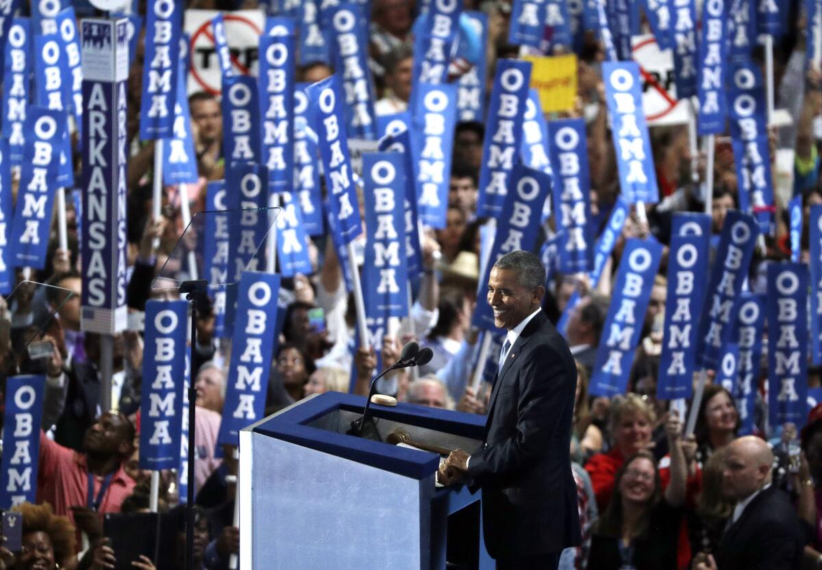 President Barack Obama speaks during the third day of the Democratic National Convention, Wednesday, July 27, 2016, in Philadelphia.