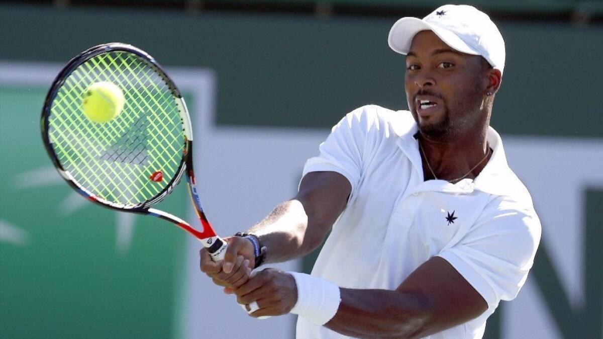 Donald Young in action against Sam Querrey during a match at the 2017 BNP Paribas Open tournament at Indian Wells Tennis Garden on Mar. 12.