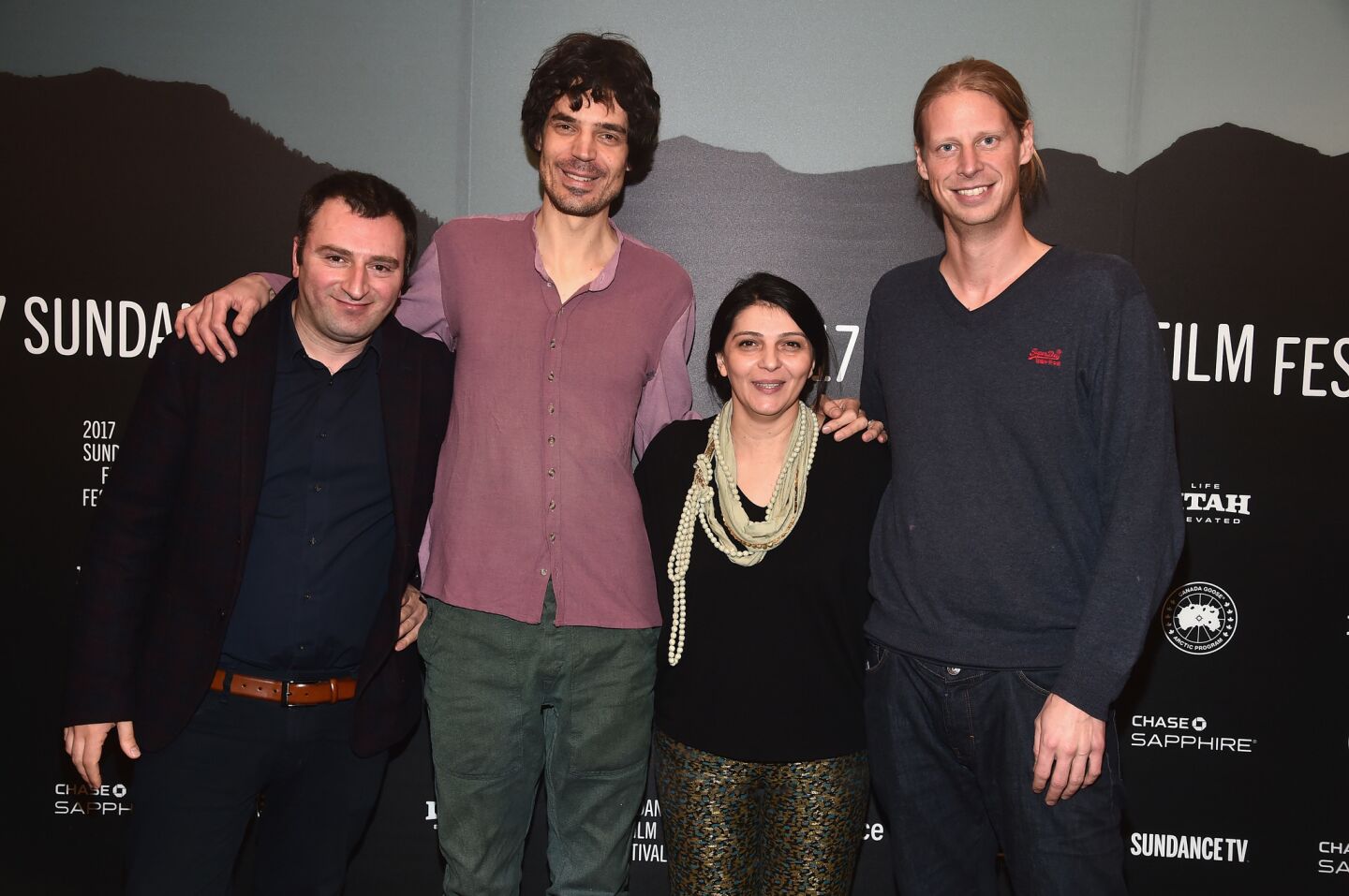 Producer Noshre Chkhaidze, left, director Simon Grob, actress Ia Shugliashvili and producer Jonas Katzenstein attend the "My Happy Family" premiere at Egyptian Theatre.