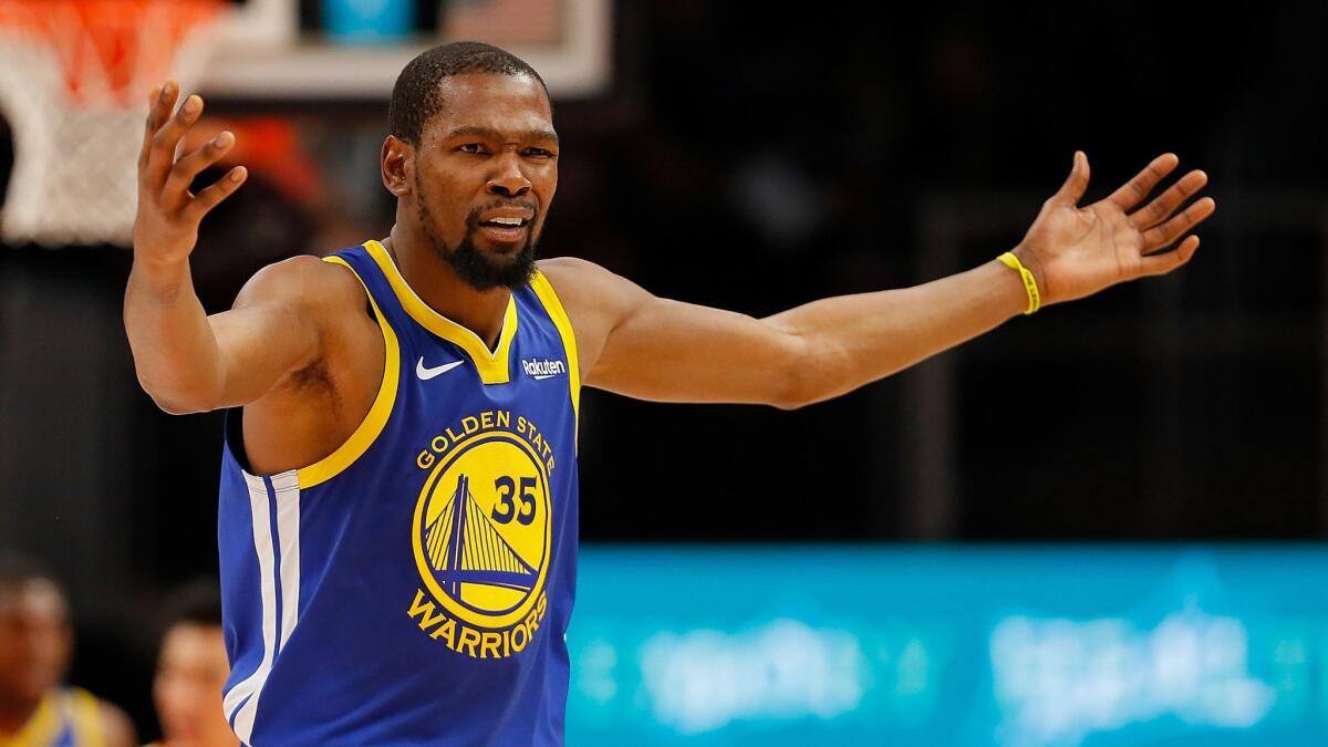 Kevin Durant of the Golden State Warriors reacts to a call during a game against the Atlanta Hawks.