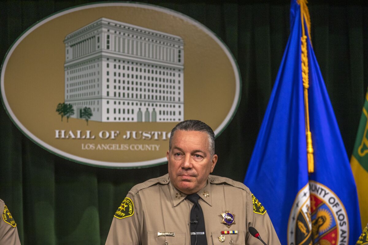 Los Angeles County Sheriff Alex Villanueva during a news conference on March 29.