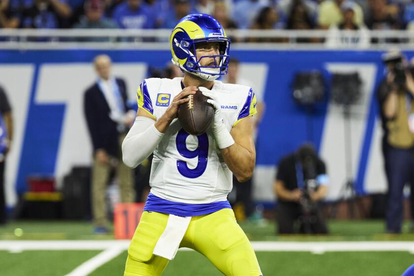 Rams quarterback Matthew Stafford looks to pass during a loss to the Detroit Lions on Sept. 8.