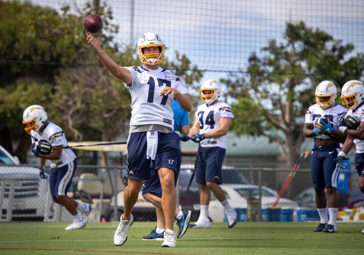 Quarterback Philip Rivers at a 2019 Los Angeles Chargers practice at Jack R. Hammett Sports Complex in Costa Mesa. 