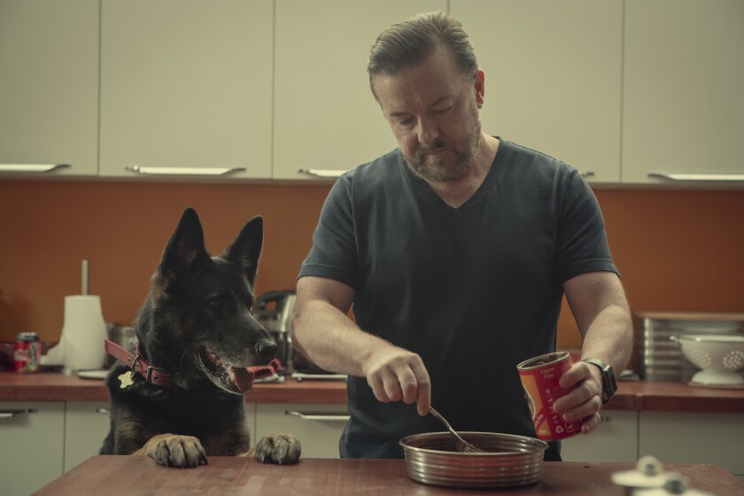 Ricky Gervais plays a grieving widower in his Netflix dark comedy, "After Life."