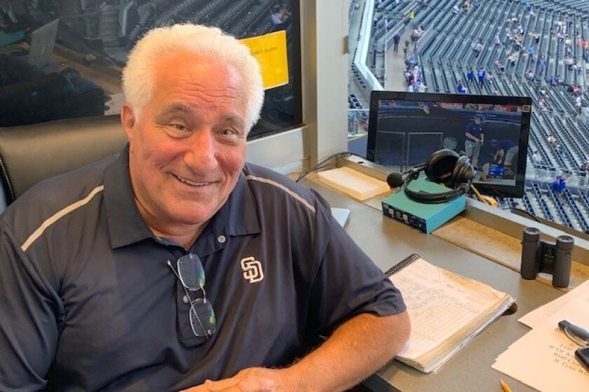 Padres broadcaster Ted Leitner in the radio booth before Tuesday's game at Petco Park.