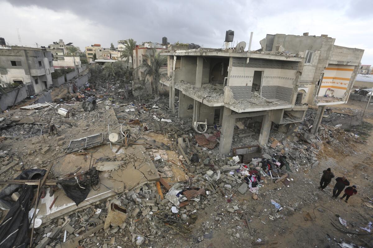 Buildings destroyed by Israeli bombardment are seen in Rafah in the southern Gaza Strip on Nov. 20. 