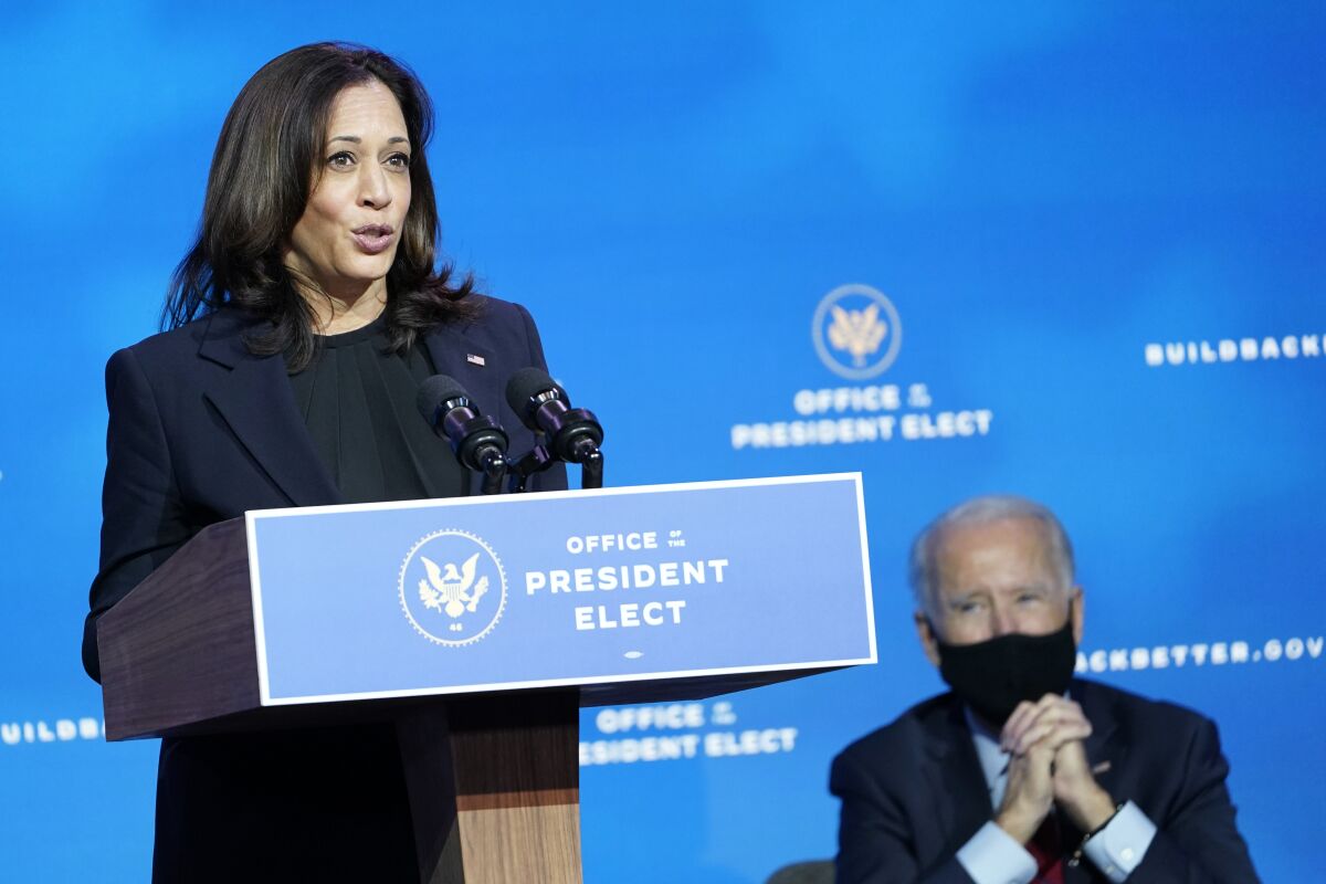 Vice President-elect Kamala Harris speaks on Dec. 8.