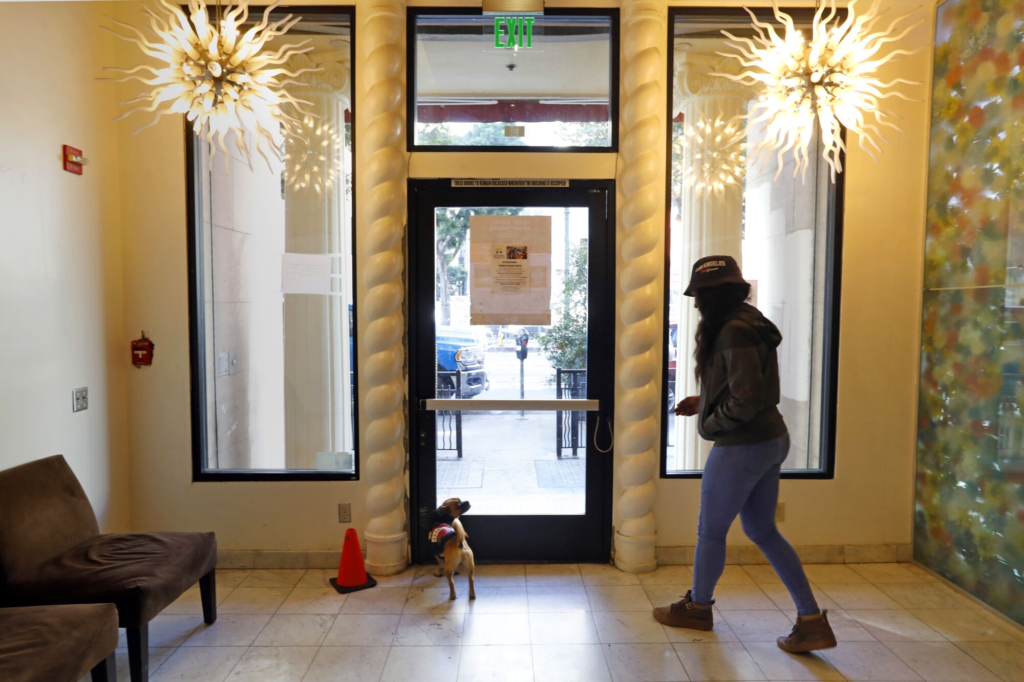 A woman leaves a hotel with her dog.