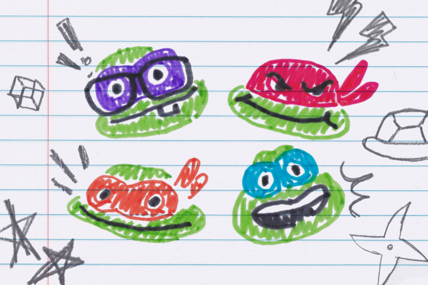Marker drawing of the four ninja turtles with other pencil doodles on a lined paper background