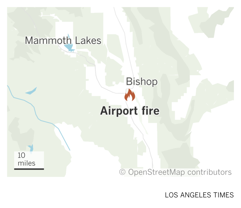 A map of the Owens Valley and Eastern Sierra showing the location of the Airport fire near Bishop