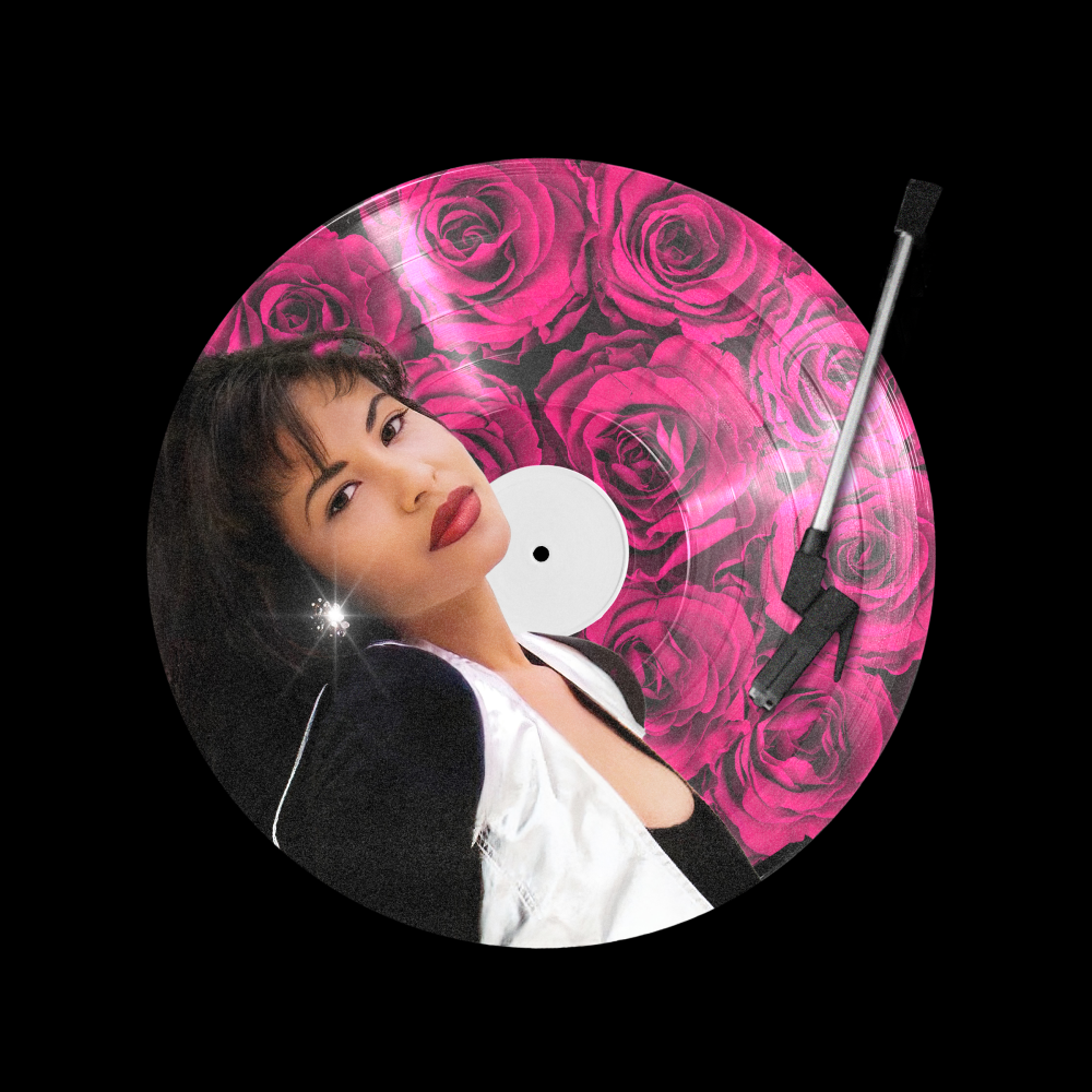 Collage of Selena Quintanilla and a vinyl record, on which a picture of roses is printed