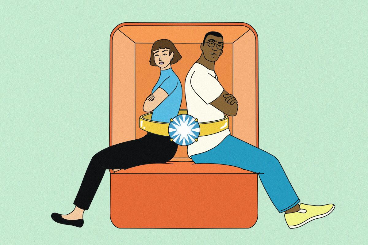 Illustration of a man and woman bound together by an engagement ring while they sit on a ring box.