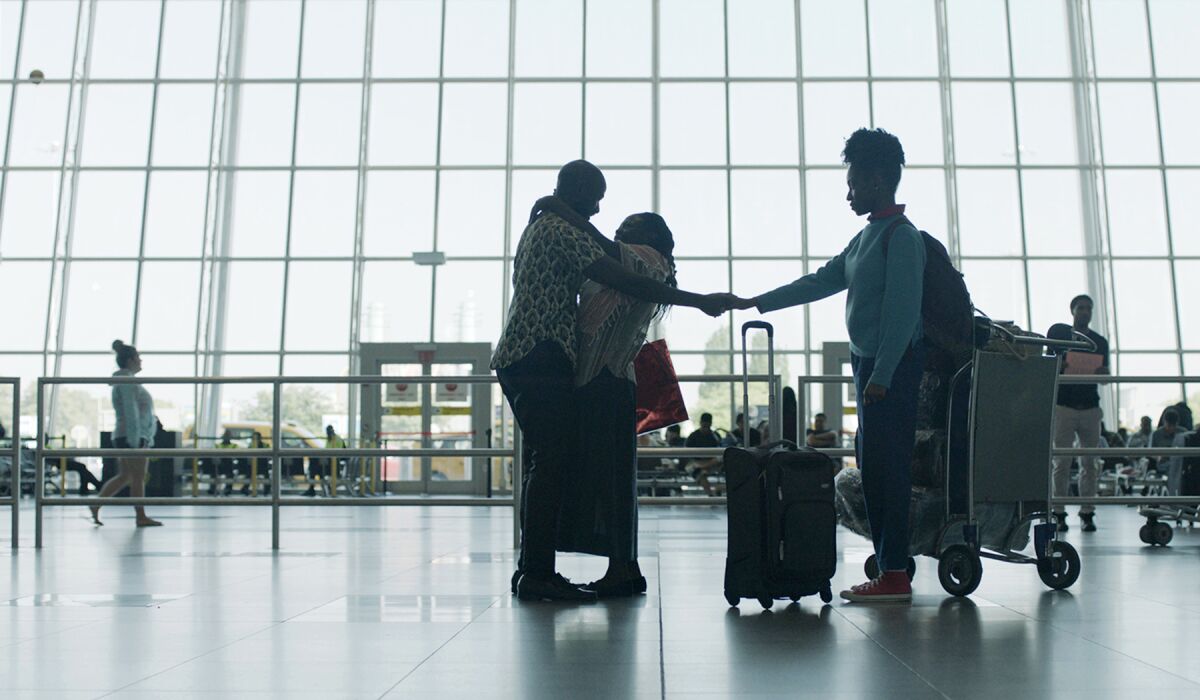 A family reunites in an airport in the movie "Farewell Amor."