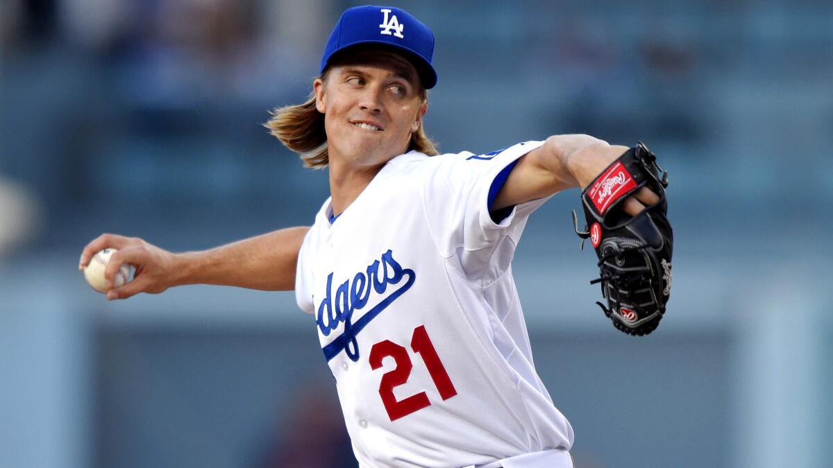 Dodgers starting pitcher Zack Greinke went six innings against the Braves on Wednesday, striking out nine, walking two while giving up one run and three hits.