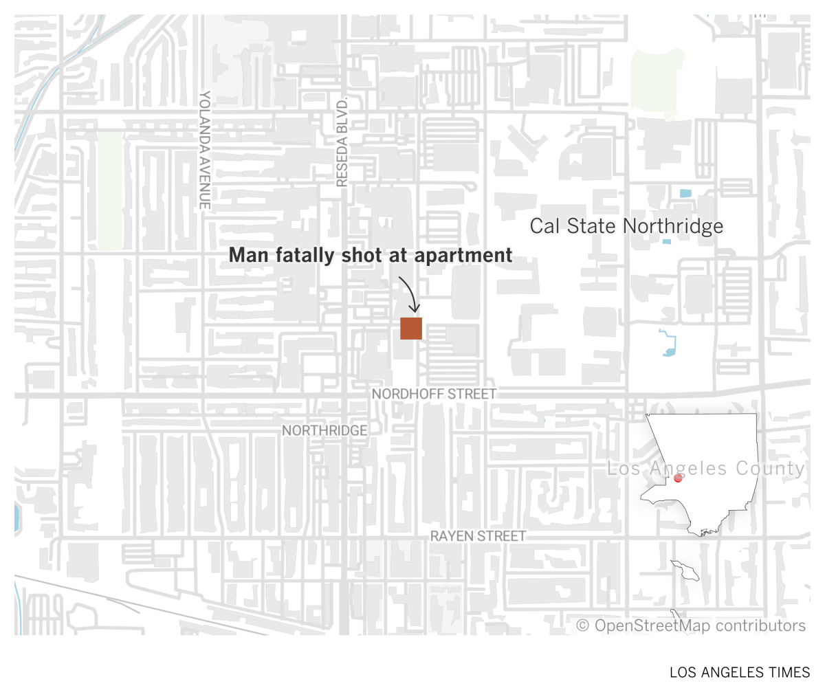 A map showing the location where a man was shot and killed in his apartment in Northridge